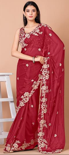 Festive, Party Wear, Reception Red and Maroon color Saree in Georgette fabric with Classic Embroidered, Sequence, Thread work : 1904109