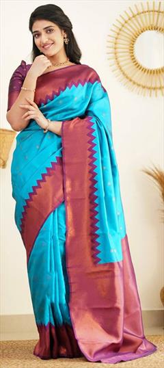 Party Wear, Traditional Blue color Saree in Art Silk, Silk fabric with South Weaving work : 1904208