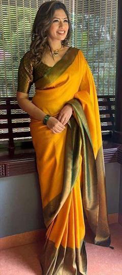 Party Wear, Traditional Yellow color Saree in Art Silk, Silk fabric with South Weaving, Zari work : 1904222