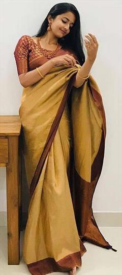Party Wear, Traditional Beige and Brown color Saree in Art Silk, Silk fabric with South Weaving, Zari work : 1904224
