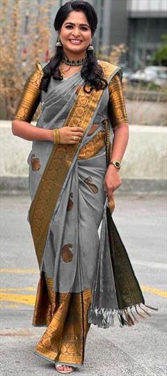 Party Wear, Traditional Black and Grey color Saree in Art Silk, Silk fabric with South Weaving work : 1904235