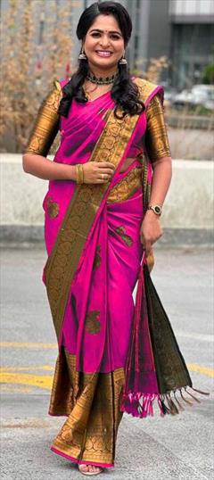 Party Wear, Traditional Pink and Majenta color Saree in Art Silk, Silk fabric with South Weaving work : 1904239