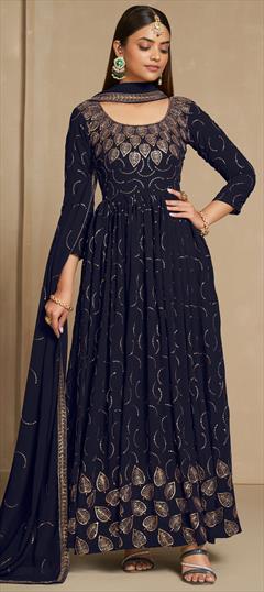 Festive, Party Wear, Reception Blue color Gown in Faux Georgette fabric with Embroidered, Sequence, Thread, Zari work : 1904260