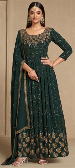 Festive, Party Wear, Reception Green color Gown in Faux Georgette fabric with Embroidered, Sequence, Thread, Zari work : 1904264