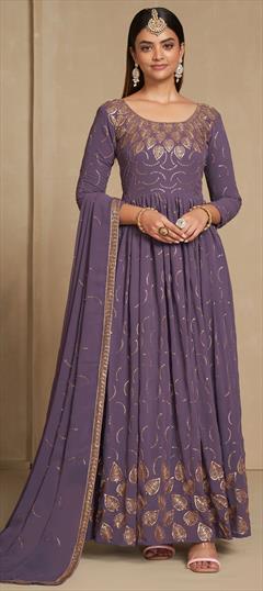 Festive, Party Wear, Reception Purple and Violet color Gown in Faux Georgette fabric with Embroidered, Sequence, Thread, Zari work : 1904265