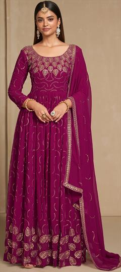 Festive, Party Wear, Reception Pink and Majenta color Gown in Faux Georgette fabric with Embroidered, Sequence, Thread, Zari work : 1904266