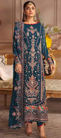 Festive, Party Wear, Reception Blue color Salwar Kameez in Faux Georgette fabric with Pakistani, Straight Embroidered, Resham, Thread work : 1904303