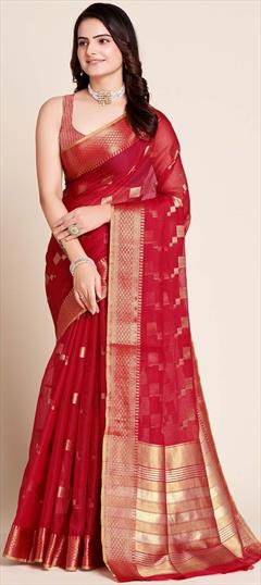 Party Wear, Traditional Red and Maroon color Saree in Kota Doria Silk fabric with Bengali, South Weaving work : 1904310