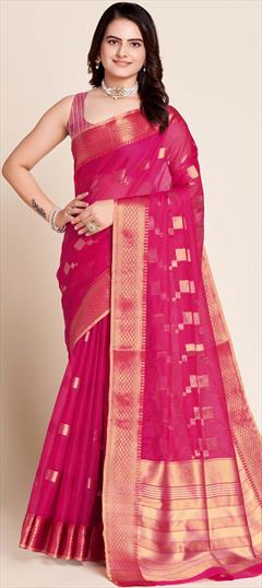 Party Wear, Traditional Pink and Majenta color Saree in Kota Doria Silk fabric with Bengali, South Weaving work : 1904311