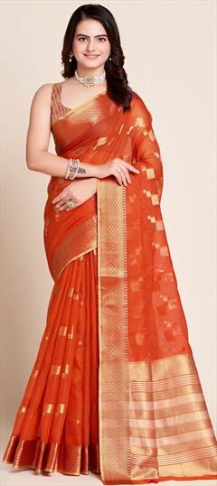 Party Wear, Traditional Orange color Saree in Kota Doria Silk fabric with Bengali, South Weaving work : 1904314