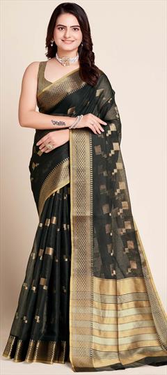 Party Wear, Traditional Black and Grey color Saree in Kota Doria Silk fabric with Bengali, South Weaving work : 1904317