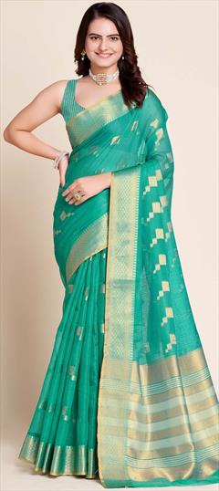 Party Wear, Traditional Green color Saree in Kota Doria Silk fabric with Bengali, South Weaving work : 1904318