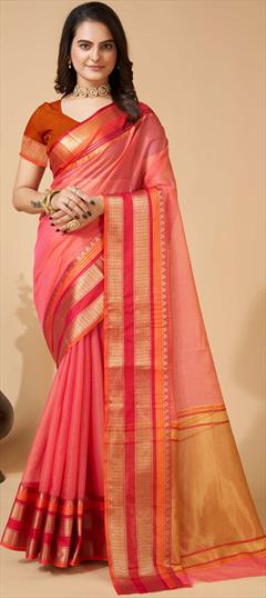 Festive, Party Wear, Traditional Pink and Majenta color Saree in Kota Doria Silk fabric with South Weaving work : 1904328