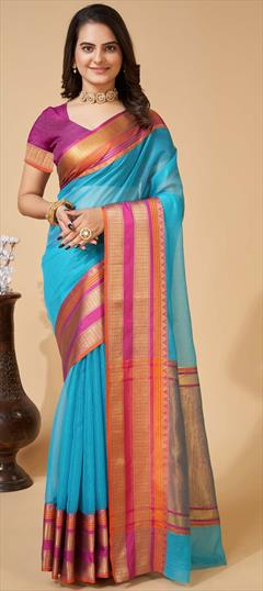 Festive, Party Wear, Traditional Blue color Saree in Kota Doria Silk fabric with South Weaving work : 1904330