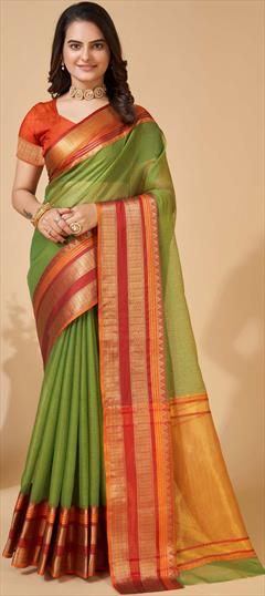 Festive, Party Wear, Traditional Green color Saree in Kota Doria Silk fabric with South Weaving work : 1904332