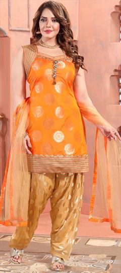 Mehendi Sangeet, Party Wear, Reception Orange color Salwar Kameez in Brocade fabric with Patiala, Straight Cut Dana, Lace work : 1904336