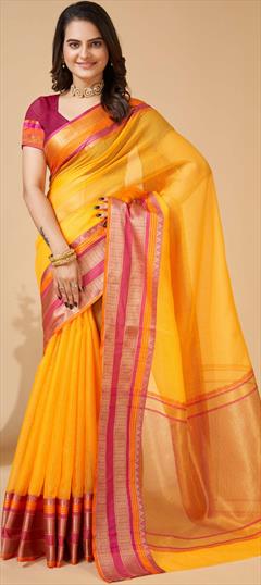 Festive, Party Wear, Traditional Yellow color Saree in Kota Doria Silk fabric with South Weaving work : 1904338
