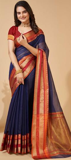 Festive, Party Wear, Traditional Blue color Saree in Kota Doria Silk fabric with South Weaving work : 1904340