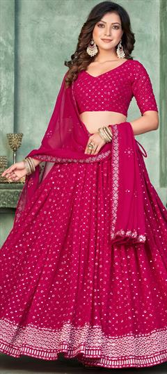 Festive, Mehendi Sangeet, Reception Pink and Majenta color Lehenga in Georgette fabric with Flared Embroidered, Resham, Thread work : 1904343