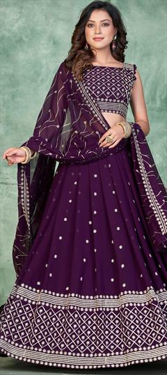 Festive, Mehendi Sangeet, Reception Purple and Violet color Lehenga in Georgette fabric with Flared Embroidered, Resham, Thread work : 1904344
