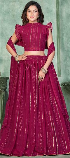 Festive, Mehendi Sangeet, Reception Pink and Majenta color Lehenga in Georgette fabric with Flared Embroidered, Resham, Thread work : 1904346