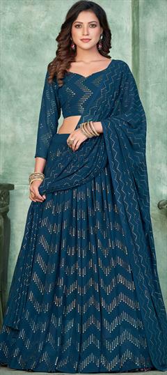 Festive, Mehendi Sangeet, Reception Blue color Lehenga in Georgette fabric with Flared Embroidered, Resham, Thread work : 1904347