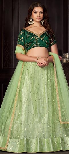 Mehendi Sangeet, Party Wear, Reception Green color Lehenga in Net fabric with Flared Sequence, Thread work : 1904349