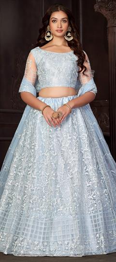 Mehendi Sangeet, Party Wear, Reception Blue color Lehenga in Net fabric with Flared Embroidered, Resham, Thread work : 1904350