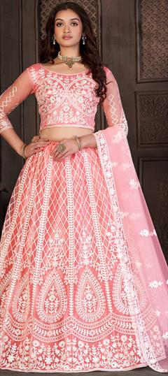 Mehendi Sangeet, Party Wear, Reception Pink and Majenta color Lehenga in Net fabric with Flared Embroidered, Resham, Thread work : 1904351