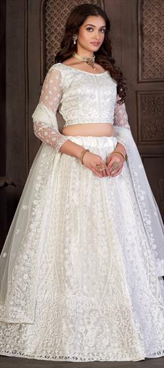 Mehendi Sangeet, Party Wear, Reception White and Off White color Lehenga in Net fabric with Flared Embroidered, Resham, Thread work : 1904352
