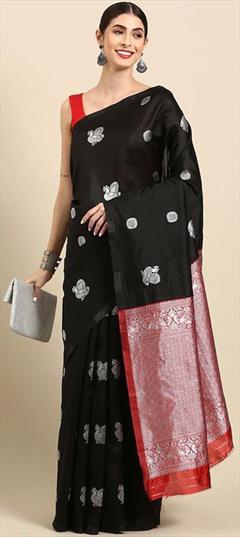 Festive, Party Wear, Traditional Black and Grey color Saree in Kanjeevaram Silk, Silk fabric with South Weaving, Zari work : 1904463