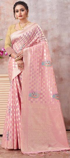 Party Wear, Traditional Pink and Majenta color Saree in Cotton fabric with Bengali Weaving work : 1904499