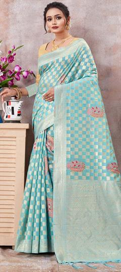 Party Wear, Traditional Blue color Saree in Cotton fabric with Bengali Weaving work : 1904501