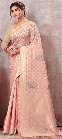 Party Wear, Traditional Pink and Majenta color Saree in Cotton fabric with Bengali Weaving work : 1904502