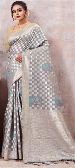 Party Wear, Traditional Black and Grey color Saree in Cotton fabric with Bengali Weaving work : 1904504