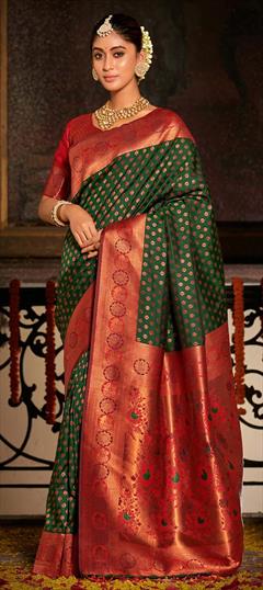 Party Wear, Traditional Green, Red and Maroon color Saree in Banarasi Silk, Silk fabric with South Weaving work : 1904559