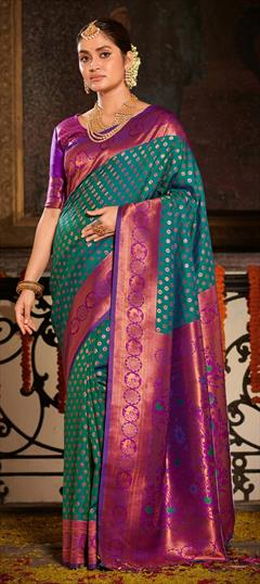 Party Wear, Traditional Blue, Pink and Majenta color Saree in Banarasi Silk, Silk fabric with South Weaving work : 1904560