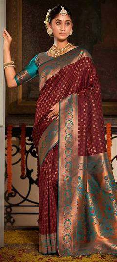 Party Wear, Traditional Red and Maroon color Saree in Banarasi Silk, Silk fabric with South Weaving work : 1904562