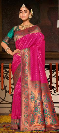 Party Wear, Traditional Pink and Majenta color Saree in Banarasi Silk, Silk fabric with South Weaving work : 1904563