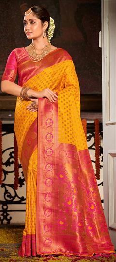 Party Wear, Traditional Pink and Majenta, Yellow color Saree in Banarasi Silk, Silk fabric with South Weaving work : 1904564