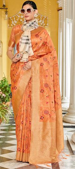 Party Wear, Traditional Beige and Brown color Saree in Banarasi Silk, Silk fabric with South Weaving work : 1904574