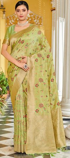 Party Wear, Traditional Green color Saree in Banarasi Silk, Silk fabric with South Weaving work : 1904576