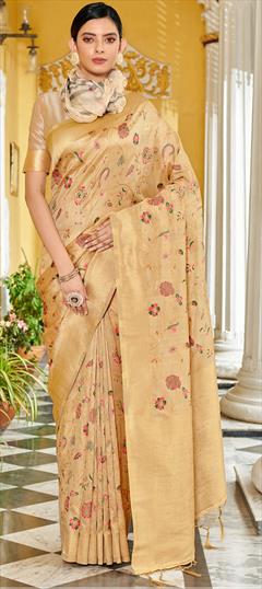 Party Wear, Traditional Beige and Brown color Saree in Banarasi Silk, Silk fabric with South Weaving work : 1904577
