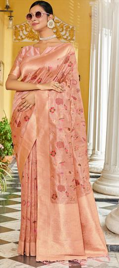 Party Wear, Traditional Pink and Majenta color Saree in Banarasi Silk, Silk fabric with South Weaving work : 1904580