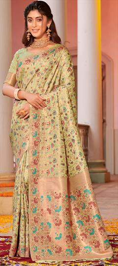 Party Wear, Traditional Green color Saree in Banarasi Silk fabric with South Weaving work : 1904608