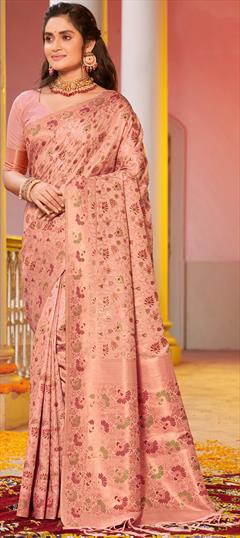 Party Wear, Traditional Pink and Majenta color Saree in Banarasi Silk fabric with South Weaving work : 1904610