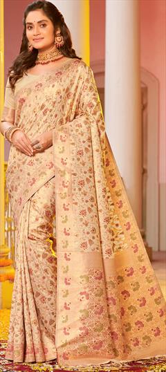 Party Wear, Traditional Beige and Brown color Saree in Banarasi Silk fabric with South Weaving work : 1904611