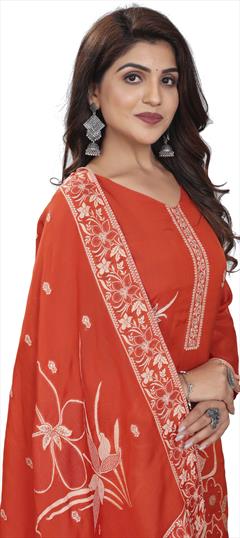 Festive, Party Wear, Reception Orange color Salwar Kameez in Viscose fabric with Straight Weaving, Zari work : 1904630
