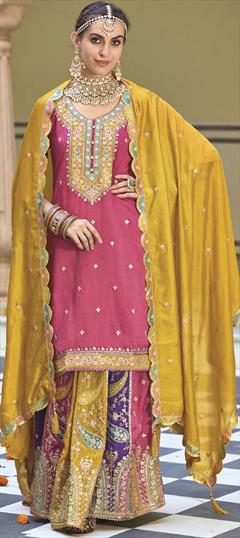 Engagement, Reception, Wedding Pink and Majenta color Salwar Kameez in Art Silk fabric with Palazzo, Straight Embroidered, Sequence, Thread, Zari work : 1904650