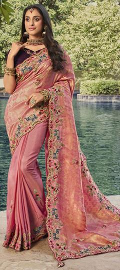 Bridal, Traditional, Wedding Pink and Majenta color Saree in Silk fabric with South Bugle Beads, Embroidered, Sequence, Thread work : 1904786